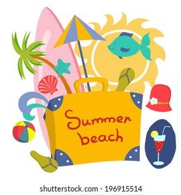 Colorful beach print with cartoon elements,  sea adventure vector illustration