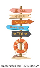 Colorful beach signpost with multiple holiday directions in flat graphic style on a white background, symbolizing travel and summer vibes. Vector illustration