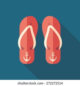 Colorful beach slippers flat square icon with long shadows.