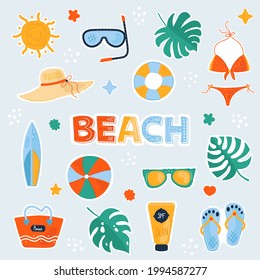 Colorful Beach stickers set. Doodle colorful summer collection with cute icons. Perfect for the design of mugs, gifts, textiles, cards, banners, posters, web and more