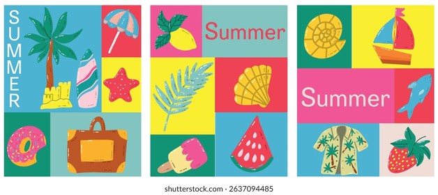 Colorful Beach and Summer Illustrations Highlighting Vacation and Tropical Elements. Vibrant illustrations featuring iconic summer themes including palm trees, beach items, tropical fruits, and more. 