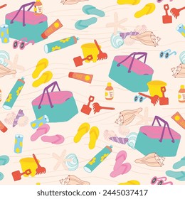 Colorful beach toys, sun oil, sunglasses and Seashells seamless pattern print background