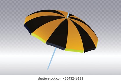 Colorful beach umbrella with black and orange panels, perfect for summer promotions, travel brochures, and coastal branding.