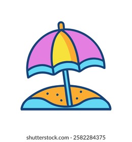 Colorful beach umbrella on sandy shore symbolizing summer vacation and relaxation
