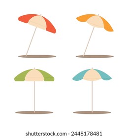 Colorful beach umbrellas set isolated on white background in flat style. Cartoon vector illustration clip arts for summer or sun protection concept. Two types of umbrellas in four colorways.