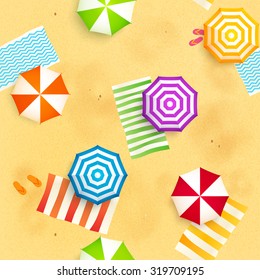 Colorful beach umbrellas and towels at the sand, vector seamless pattern