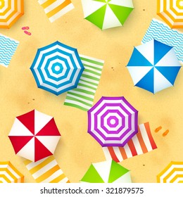 Colorful beach umbrellas and towels at the sand, vector seamless pattern