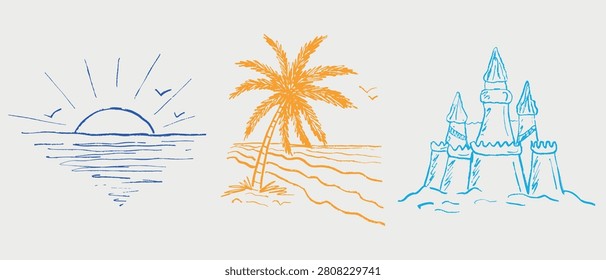 Colorful beach vacation icon set with ocean sunset, palm tree, and sandcastle for travel designs. Hand drawn vector sketch illustration in vintage doodle crayon charcoal style