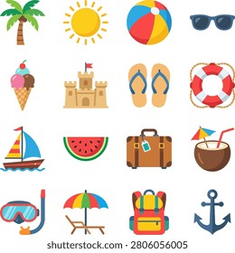 Colorful beach vacation icons including palm tree and beach ball