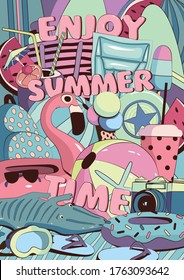 Colorful beach vector poster with graphic elements and an original rubber font
