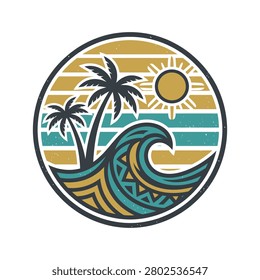 Colorful beach wave with palm trees