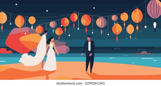 colorful beach wedding Vector  bride and groom couple marriage ceremony vector illustration