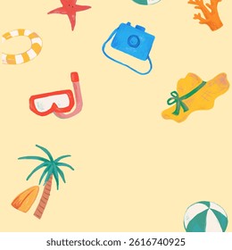 Colorful beach-themed illustration with a camera, snorkel, palm tree, and starfish. Bright beach elements like a camera and snorkel create a lively beach vibe vector design.