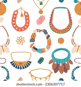 Colorful Bead And Necklace Seamless Pattern. Intricate Design With Beads In Various Shapes And Sizes Vector Illustration