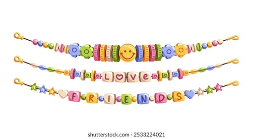 Pulseiras Coloridas Com Sorrisos, Flores, Corações E Cartas Criando Mensagens Como Amor E Amigos