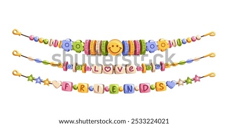 Colorful Beaded Bracelets Featuring Smiles, Flowers, Hearts And Letters Creating Messages Like Love And Friends