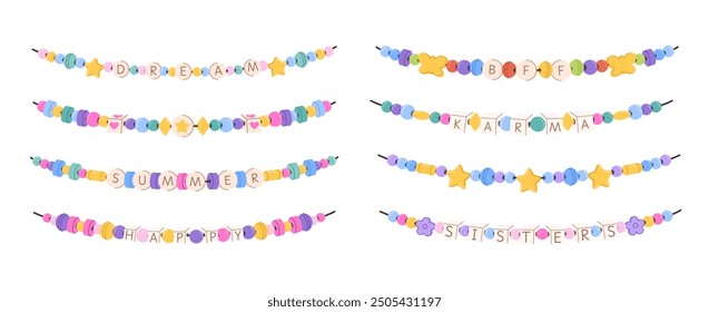 Colorful beaded friendship bracelets. Plastic beads DIY necklace or bracelet jewelry with Dream, BFF, Summer, Happy, Karma and Sisters words hand drawn vector set.