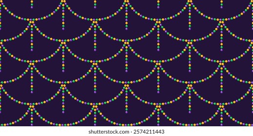 Colorful beads decoration seamless pattern. Pearl ball chain garland ornament vector illustration. Festive design for background, textile, fabric, packaging. Mardi Gras ornament.