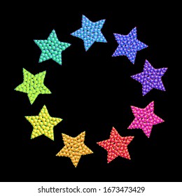 Colorful beads stars in the shape of a circle. Isolated vector illustration. Stars background. Use for printing, posters, T-shirts, textile drawing, print pattern. 