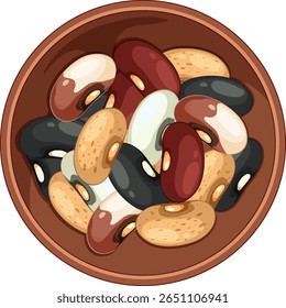 Colorful beans of various types arranged in a round wooden bowl, rendered in clean vector style with flat colors and soft shading