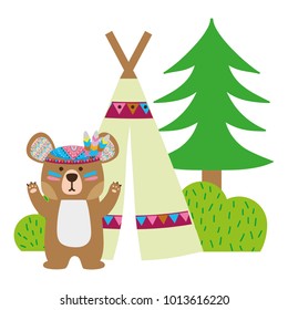 colorful bear animal with camp next to bush and pine tree