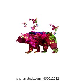 Colorful bear with butterflies isolated vector illustration. Animals design, wild animals background