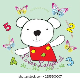colorful bear butterfly and numbers print pattern green background suitable for textile