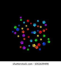 Colorful Bear Footprints. Prints of Paws with Big Claws for Petshop Design or for Goods for Pets. Simple Pattern for Print, Logo or Poster. Vector Confetti Background.
