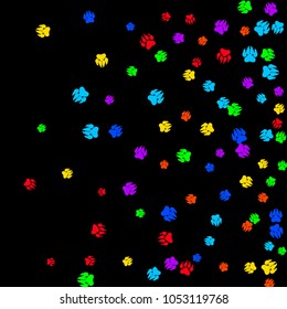 Colorful Bear Footprints. Prints of Paws with Big Claws for Petshop Design or for Goods for Pets. Simple Pattern for Print, Logo or Poster. Vector Confetti Background.
