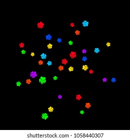 Colorful Bear Footprints. Prints of Paws with Big Claws for Petshop Design or for Goods for Pets. Simple Pattern for Print, Logo or Poster. Vector Confetti Background.
