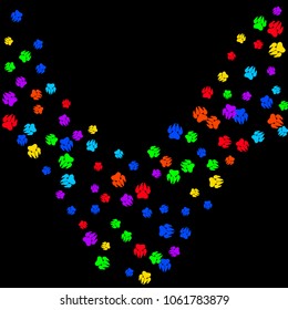 Colorful Bear Footprints. Prints of Paws with Big Claws for Petshop Design or for Goods for Pets. Simple Pattern for Print, Logo or Poster. Vector Confetti Background.
