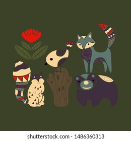 Colorful bear, fox, squirrel and birds in an autumn illustration, perfect to use on the web, or in print, for surface design, postcards, greeting cards, invitation
