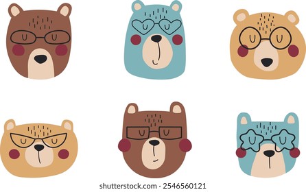 Osos de colores con gafas. Ilustraciones para el diseño de postales, ropa de niños, carteles. Ilustración vectorial de oso animal del bosque.