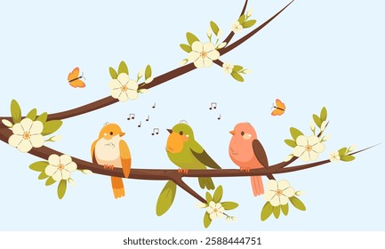 Colorful beautiful birds with flowers and branches. Vector cardboard illustration in children's style. Spring concept