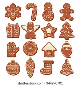 Colorful beautiful Christmas chocolate cookies icons set. Sweet decorated new year backings - gingerbread man star santa snowflake christmas  tree ball sock ant other holiday symbols.