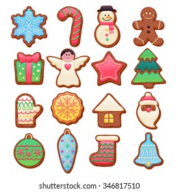 Colorful beautiful Christmas chocolate cookies icons set. Sweet decorated new year backings - gingerbread man star santa snowflake Christmas tree ball sock ant other holiday symbols.