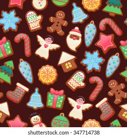 Colorful beautiful Christmas chocolate cookies icons seamless pattern. Sweet decorated new year backings background - gingerbread man star santa snowflake christmas tree ball sock.