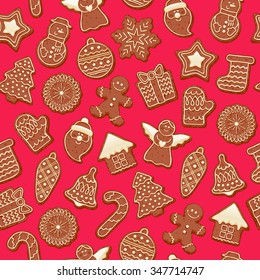 Colorful beautiful Christmas chocolate cookies icons seamless pattern. Sweet decorated new year backings background - gingerbread man star santa snowflake christmas tree ball sock.