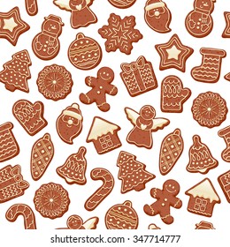 Colorful beautiful Christmas chocolate cookies icons seamless pattern. Sweet decorated new year backings background - gingerbread man star santa snowflake christmas tree ball sock.