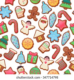 Colorful beautiful Christmas chocolate cookies icons seamless pattern. Sweet decorated new year backings background - gingerbread man star santa snowflake christmas tree ball sock.