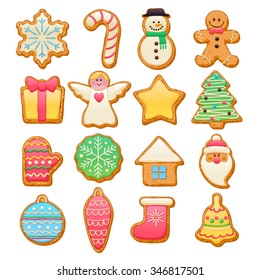 Colorful beautiful Christmas cookies icons set. Sweet decorated new year backings - gingerbread man star santa snowflake Christmas tree ball sock ant other holiday symbols.