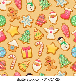 Colorful beautiful Christmas cookies icons seamless pattern. Sweet decorated new year backings background - gingerbread man star santa snowflake christmas tree ball sock.