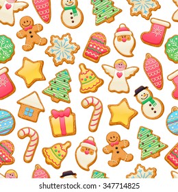 Colorful beautiful Christmas cookies icons seamless pattern. Sweet decorated new year backings background - gingerbread man star santa snowflake christmas tree ball sock.