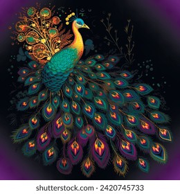 Colorful beautiful drawing peacock with magnificent tail and gorgeous feathers seamless pattern. Vector ornamental glowing background. Modern decorative luxury peacock bird design. Ornate texture.