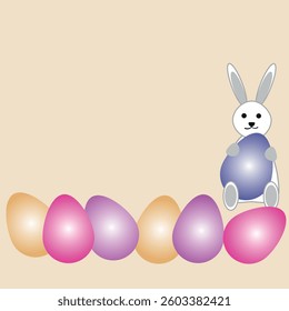 colorful beautiful Easter eggs and rabbit on beige background, greeting card template, copy space, banner, gradient