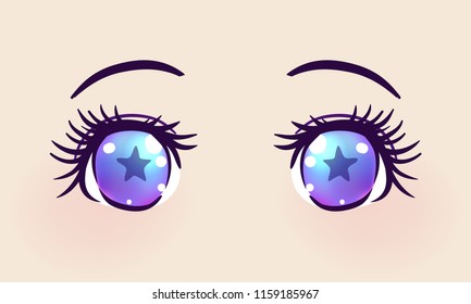 Colorful beautiful eyes in anime (manga) style with shiny light reflections. Bright vector illustration isolated. Emotions: expression of sadness. Pastel goth colors. Japanese kawaii cartoon. 