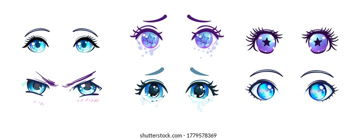 Colorful beautiful eyes in anime (manga) style with shiny light reflections. Bright vector illustration isolated. Emotions: expression of sadness. Pastel goth colors. Japanese kawaii cartoon. 