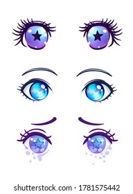 Colorful beautiful eyes in anime (manga) style with shiny light reflections. Bright vector illustration isolated. Emotions: expression of sadness. Pastel goth colors. Japanese kawaii cartoon. 