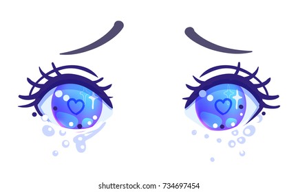 Colorful beautiful eyes in anime (manga) style with shiny light reflections. Bright vector illustration isolated. Emotions: expression of sadness. Pastel goth colors. Japanese kawaii cartoon. 