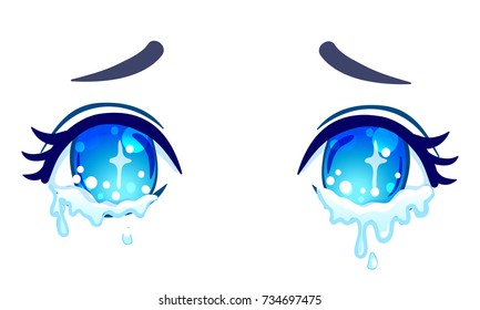 Colorful beautiful eyes in anime (manga) style with shiny light reflections. Bright vector illustration isolated. Emotions: expression of sadness. Pastel goth colors. Japanese kawaii cartoon. 